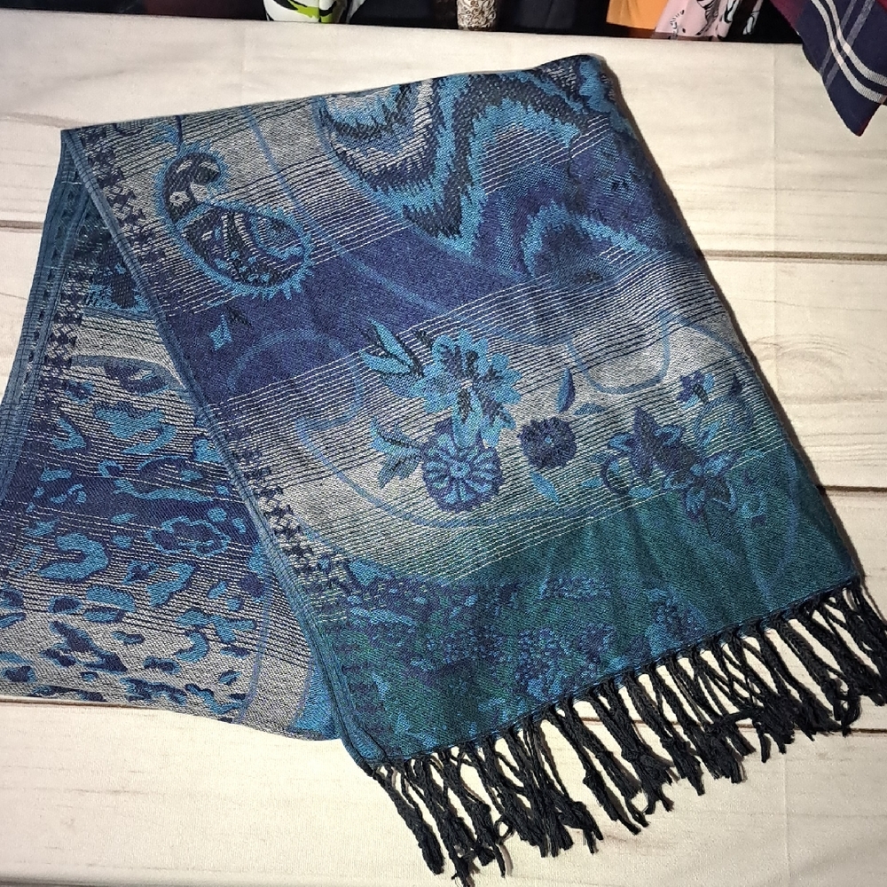 Tivoli Of Ireland Blue and Green Paisley Floral Patterned Scarf with Fringe